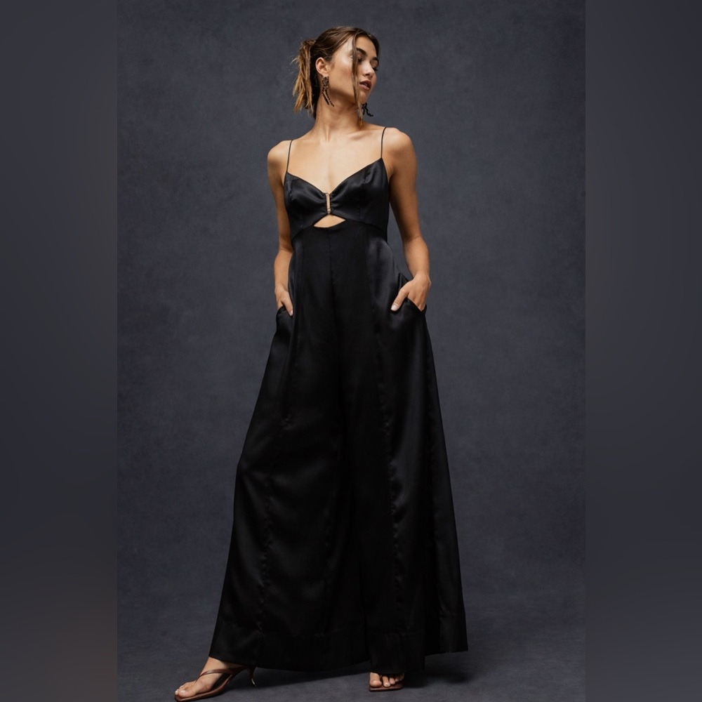 Free People Abbie Satin Wide Leg Jumpsuit Black Formal Wedding Guest Size 10 NWT